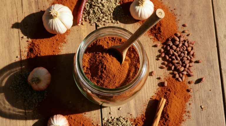 A mason jar filled with homemade chili seasoning recipe blend, surrounded by whole spices like chili peppers and cumin.