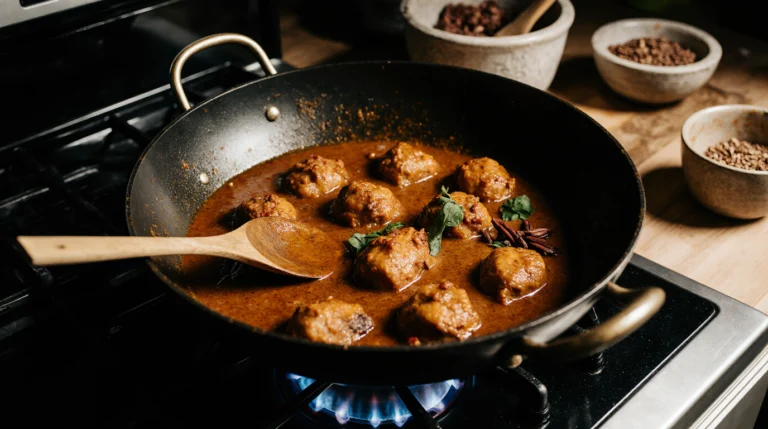Authentic Chicken Bhuna sizzling in a traditional wok, featuring a thick, dark sauce coating golden pieces of chicken thigh, with whole spices visible.