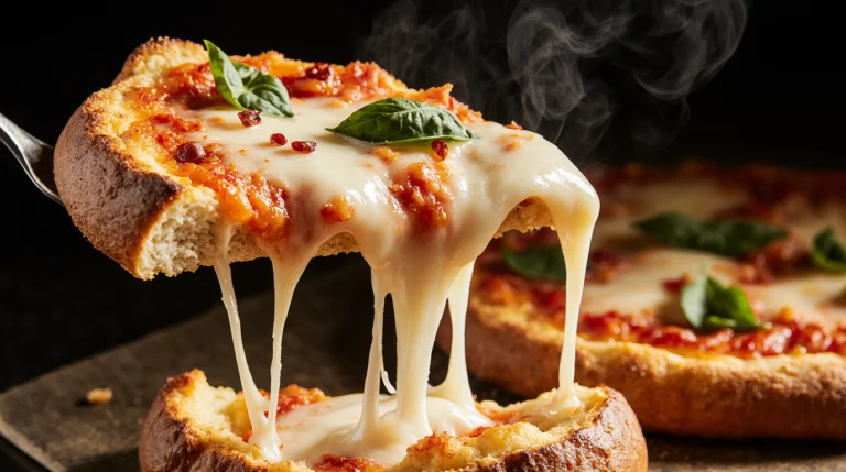 A perfectly baked, crispy and cheesy homemade french bread pizza with melted mozzarella and pepperoni on a golden crust.