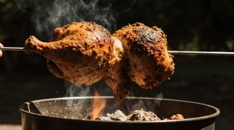 A close-up of a golden-brown whole bird cooking on a spit, heavily coated in a savory rotisserie chicken seasoning for crispy skin.