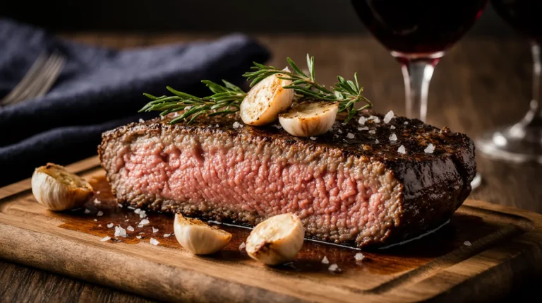 Close-up of a thick-cut, perfectly seared and sliced delmonico steak showing a rosy medium-rare interior, garnished with sea salt and thyme on a wooden board.
