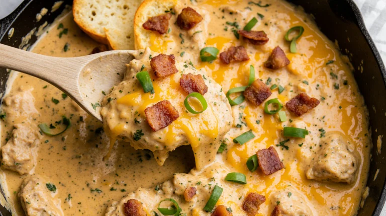 A close-up of a creamy and cheesy crack chicken recipe served steaming in a cast iron skillet, topped with bacon and green onions.