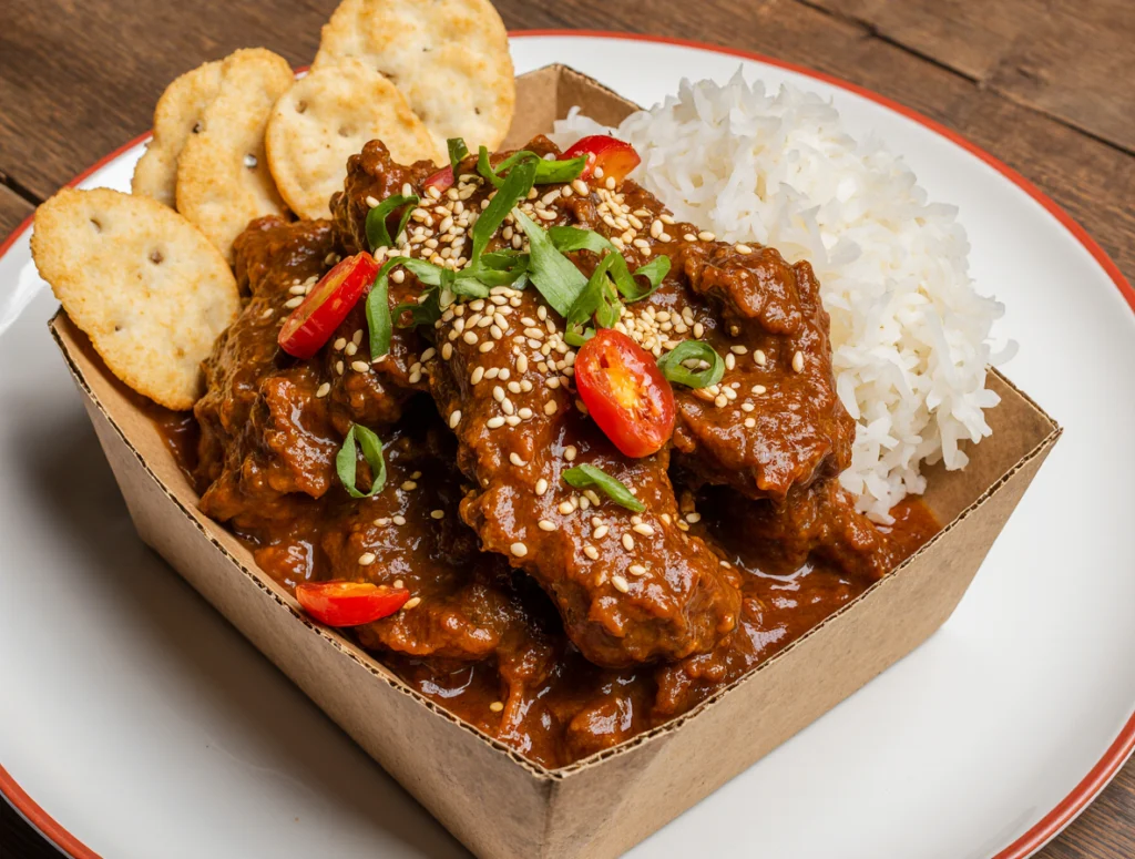 A plate of homemade crispy chilli beef with a sticky, glossy red sauce, garnished with chillies, sesame seeds, and spring onions, served with rice.