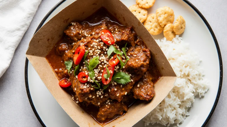 A plate of homemade crispy chilli beef with a sticky, glossy red sauce, garnished with chillies, sesame seeds, and spring onions, served with rice.