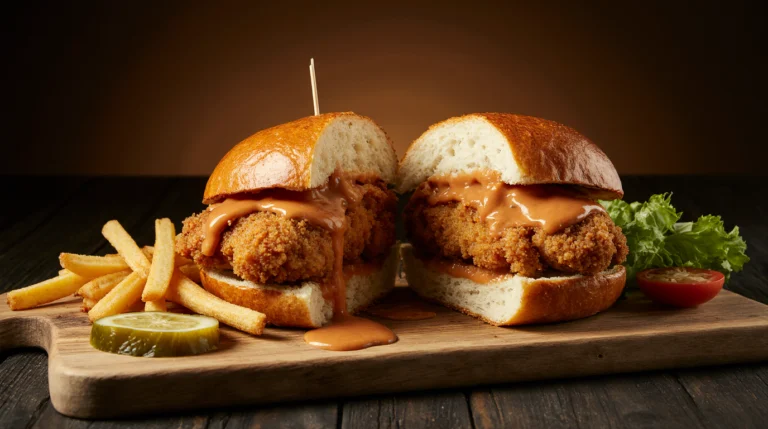 A homemade spicy chicken sandwich with a crispy fried chicken fillet, spicy mayo, pickles, and lettuce on a toasted brioche bun, cut open to show the juicy interior.