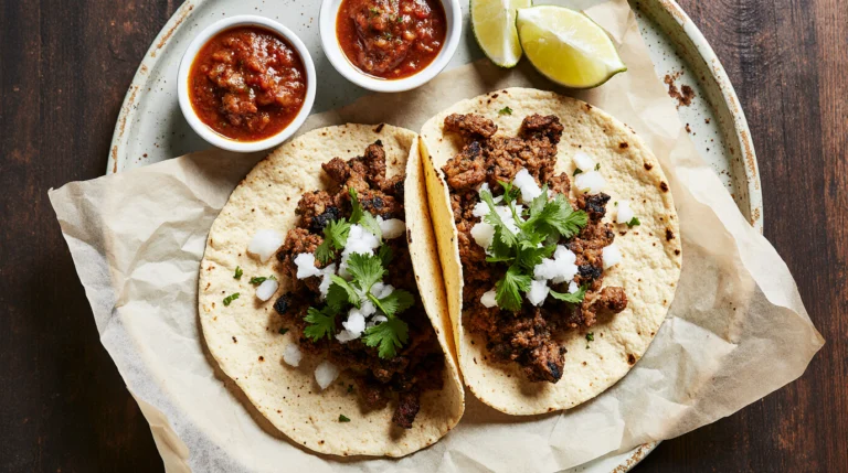 Authentic street-style asada tacos with charred steak, diced white onion, and fresh cilantro on corn tortillas, served with lime and salsa.