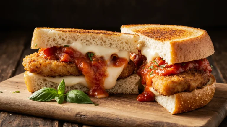 A cross-section view of the ultimate chicken parm sandwich, showing crispy chicken, melted cheese, and marinara in a toasted roll.