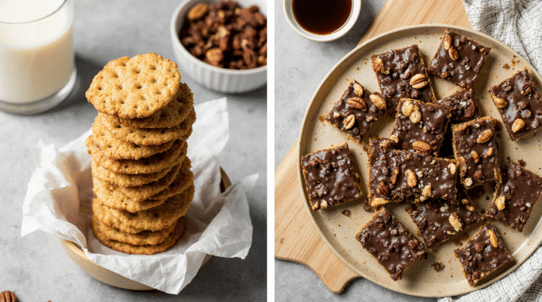 The results of a perfect saltine cracker recipe: homemade crackers and chocolate-toffee Christmas Crack on a wooden table.