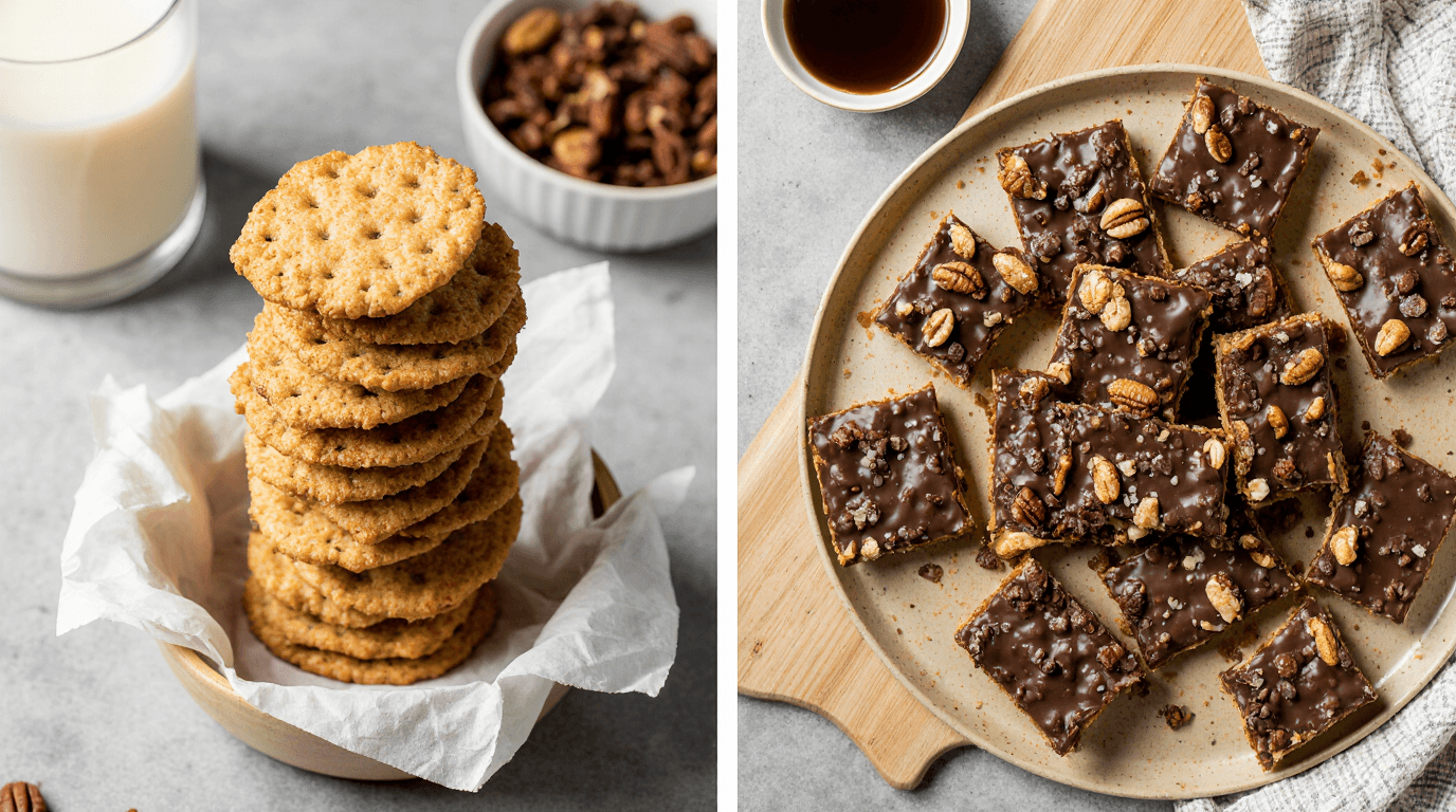 The results of a perfect saltine cracker recipe: homemade crackers and chocolate-toffee Christmas Crack on a wooden table.