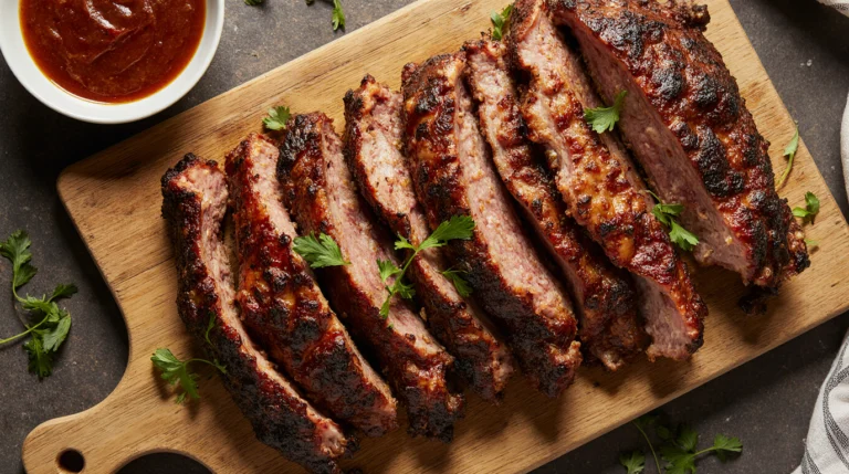 A perfectly cooked, glossy rack of baby back ribs resting on a wooden cutting board, showcasing tender meat and a caramelized glaze from oven-baking.