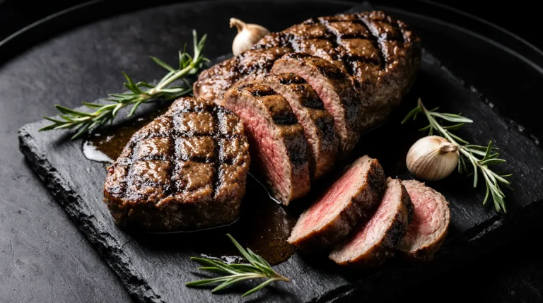 A perfectly cooked and sliced coulotte steak with a crispy fat cap and juicy pink center, plated with rosemary and garlic.