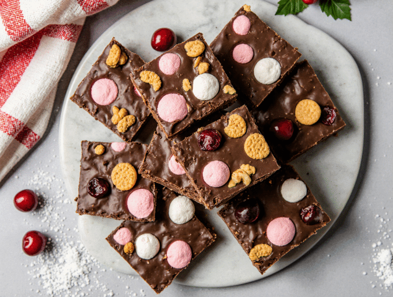 A close-up of squares from the best rocky road recipe, featuring chocolate-coated marshmallows, biscuits, and nuts, perfectly set and ready to eat.