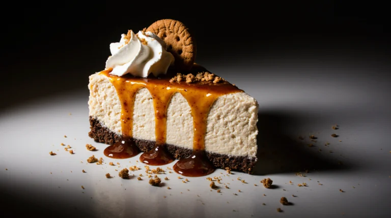 A close-up slice of no-bake biscoff cheesecake recipe on a dark plate, showing a cookie crust, creamy filling, and dripping biscoff sauce.