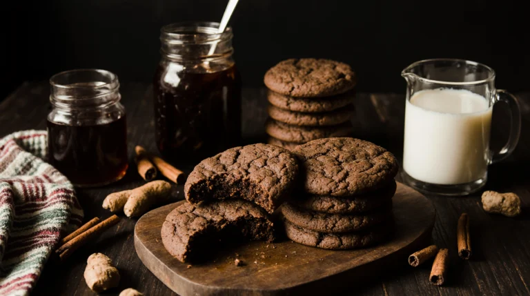 A pile of dark, crinkly ginger molasses cookies on a wooden board, with a jar of molasses and spices, showing the perfect soft center.
