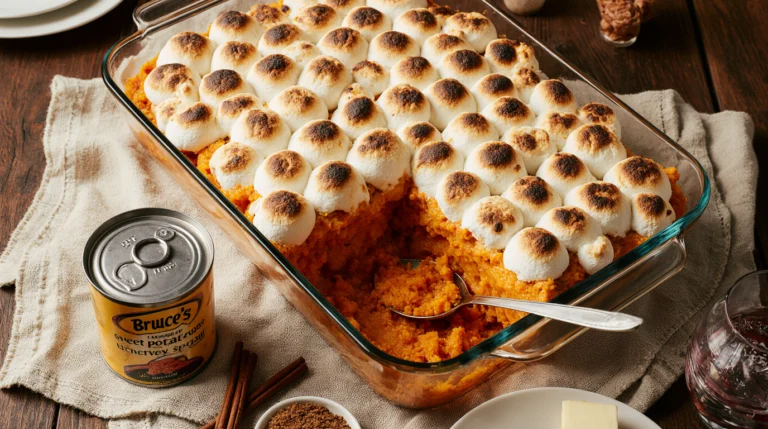 A warm, bubbly sweet potato casserole with canned yams, topped with toasted marshmallows, ready for the holiday table.