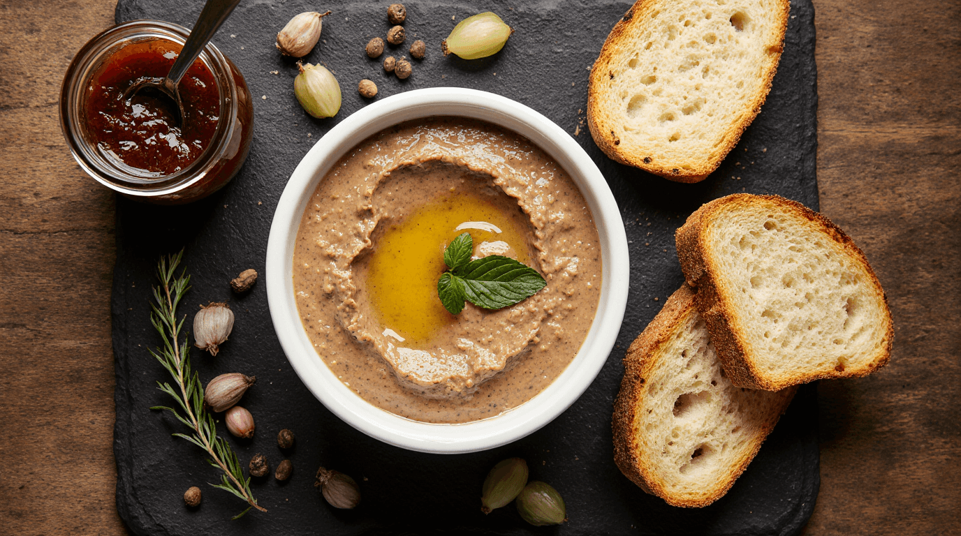 A ramekin of rich, smooth homemade chicken liver pate sealed with golden butter, served with toasted sourdough, cornichons, and onion chutney on a rustic slate board.