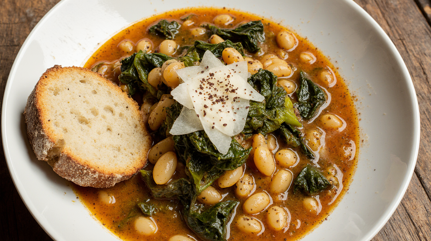 A rustic bowl of creamy white beans and greens recipe with wilted escarole, cannellini beans, and a glossy broth, topped with olive oil and parmesan.