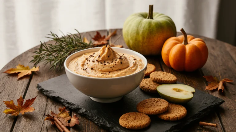A creamy, perfectly swirled bowl of pumpkin dip from an easy pumpkin dip recipe, served on a rustic board with graham crackers, apple slices, and gingersnaps for dipping.