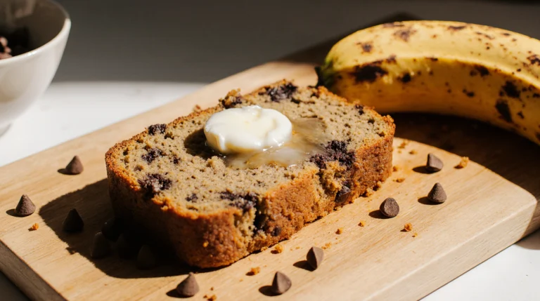 A thick, moist slice from the best simple banana bread recipe, filled with dark chocolate chips and topped with melting butter, ready to eat.