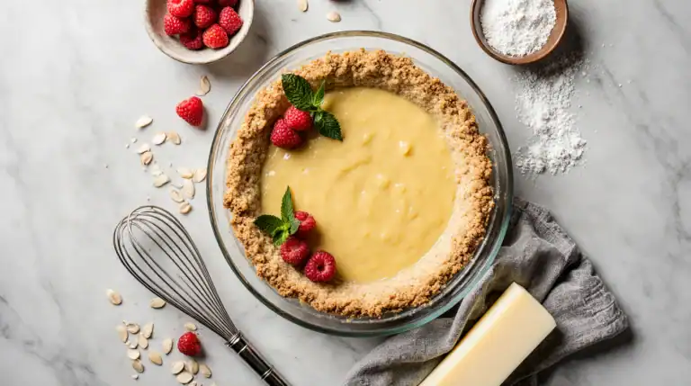 A perfect, golden-brown almond flour pie crust filled with lemon curd and fresh raspberries, showcasing a gluten-free, low-carb, and healthy pastry.