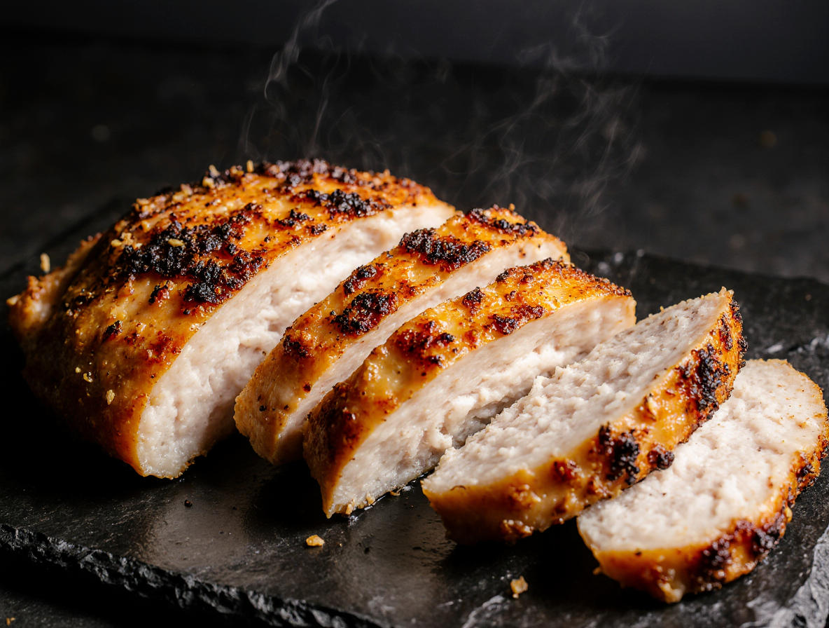 Perfectly juicy smoked chicken breast, sliced to reveal its tender interior, served on a dark slate plate — a mouthwatering highlight from our chicken recipes collection, ideal for healthy meals, easy dinners, and flavorful smoked chicken dishes.