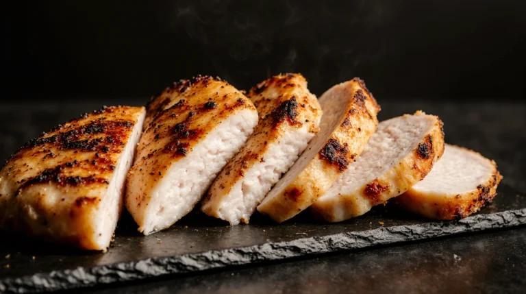 Perfectly juicy smoked chicken breast, sliced to show its tender interior, on a dark slate plate.