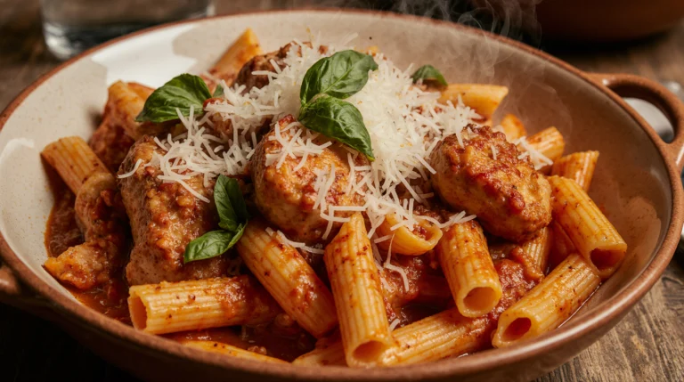 A close-up of spicy chicken arrabiata pasta in a terracotta bowl, featuring tender chicken, penne, and a vibrant tomato-chili sauce with fresh basil.