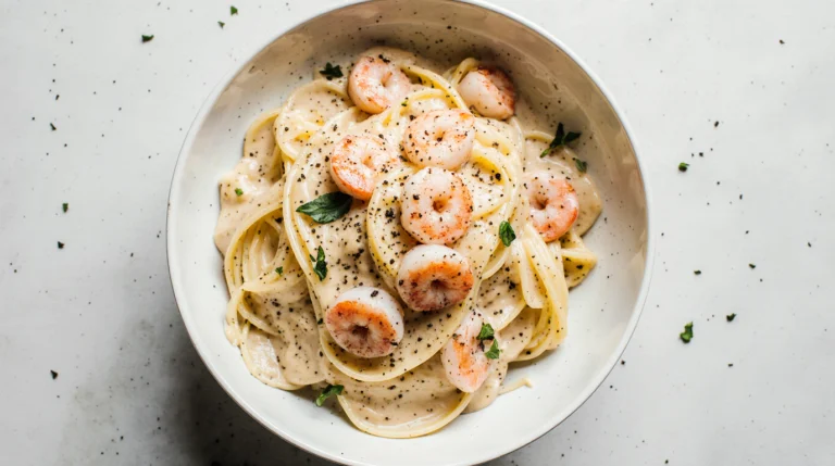 A close-up of a delicious bowl of creamy shrimp pasta with linguine, plump shrimp, and a rich parmesan sauce.