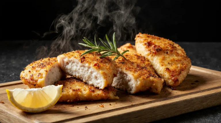 Golden-brown, crispy pan fried chicken breasts with a juicy, tender interior on a rustic board.