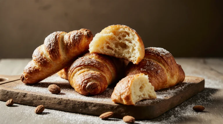 Freshly baked, golden-brown croissants brioches on a wooden board, one torn open to reveal a soft, honeycomb interior.
