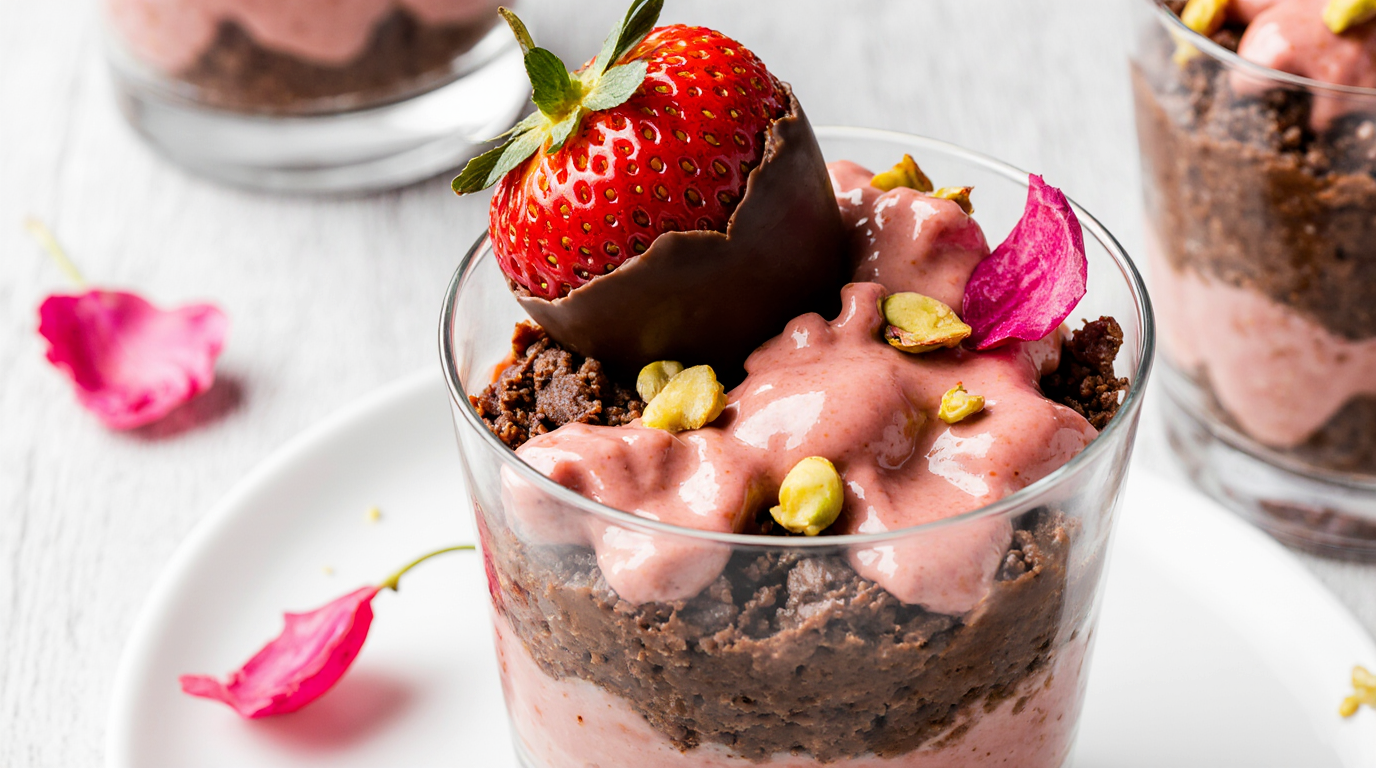 Decadent homemade dubai chocolate strawberries in a cup with pistachio cream, toasted kataifi, and a dipped strawberry garnish.