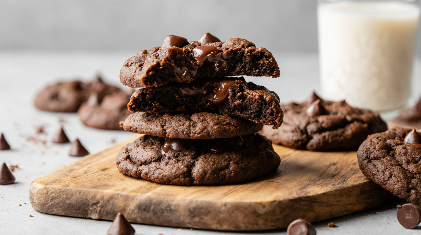 A stack of perfect, homemade double chocolate chip cookies with a broken piece showing a gooey, fudgy interior and molten chocolate chunks.