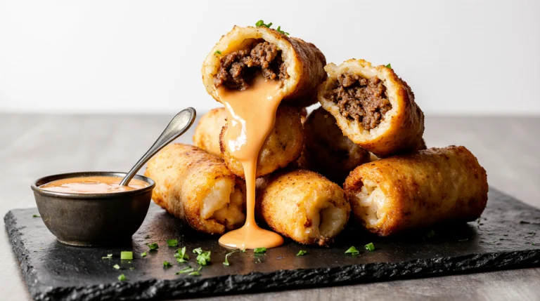 Golden-brown, crispy philly cheesesteak egg rolls cut open to reveal a savory filling of steak, cheese, and peppers, served with cheese sauce.