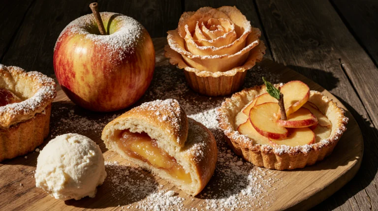 Golden-brown apple puff pastry recipe results: a flaky turnover, an open-faced tart, and an apple rose, served with vanilla ice cream.
