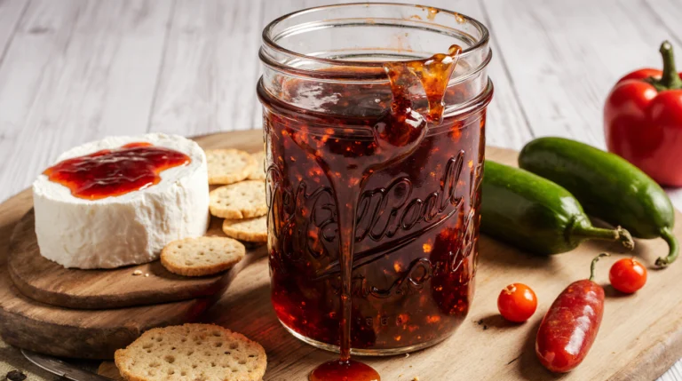 A perfect homemade pepper jelly recipe shown in a jar, with a glossy red jelly dotted with peppers, served over cream cheese with crackers.