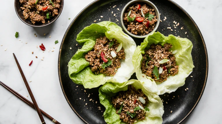 Three assembled lettuce cups filled with the finished savory filling from a san choy bow recipe.