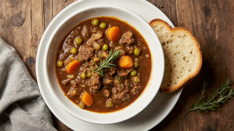 A hearty bowl of finished savoury mince with gravy, served next to buttered toast.