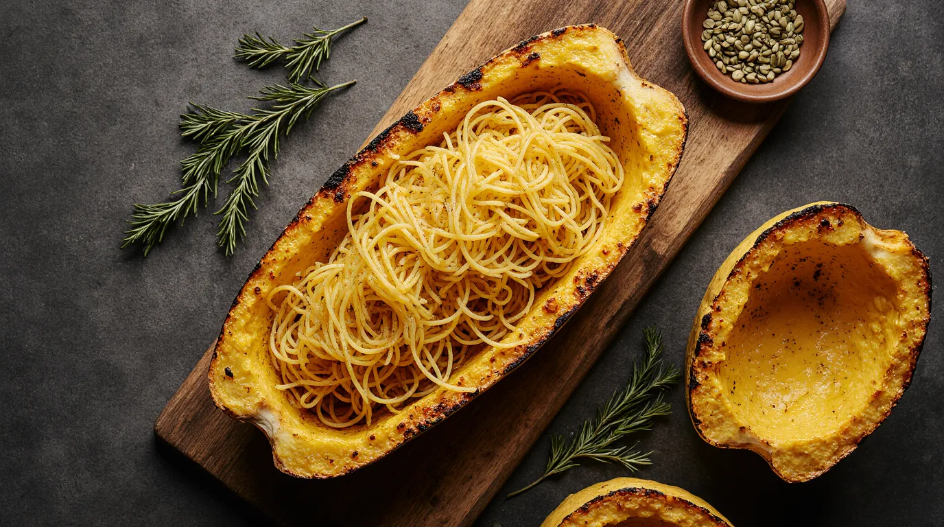 Perfectly roast spaghetti squash halved and scraped into golden strands, with roasted seeds on a wooden board.