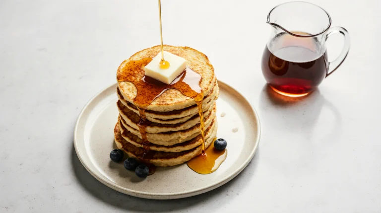 A tall, golden stack of perfectly cooked fluffy flapjacks drizzled with maple syrup and melting butter.