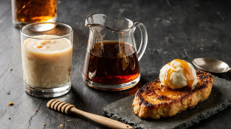Three variations of perfect bourbon sauce: a creamy dessert sauce over bread pudding, a glossy glaze on chicken, and a smoky BBQ sauce, with a glass of bourbon.