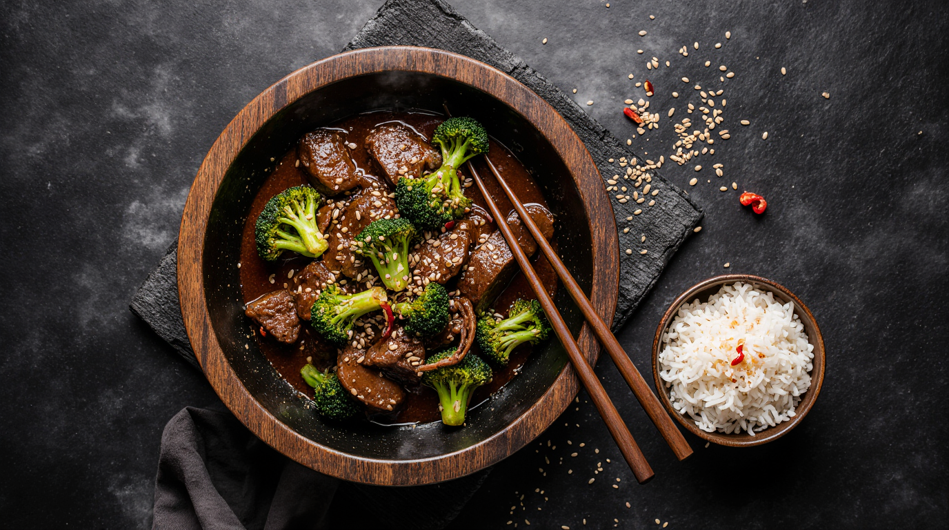 A perfect homemade beef broccoli recipe featuring tender velveted steak and vibrant broccoli in a glossy savory sauce, served with rice.