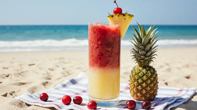 A beautifully layered Malibu Bay Breeze mocktail in a hurricane glass, showing the vibrant red and yellow gradient from this easy malibu bay breeze recipe, garnished with pineapple and cherry.
