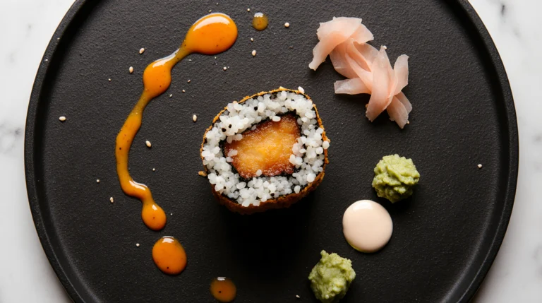 A perfectly sliced piece of golden sweet potato roll sushi with crispy tempura batter, sesame seeds, and eel sauce on a dark slate platter.