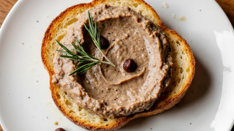 A delicious plate of chicken with pâté, featuring roasted chicken breast topped with a smooth, rich liver pâté and thyme.