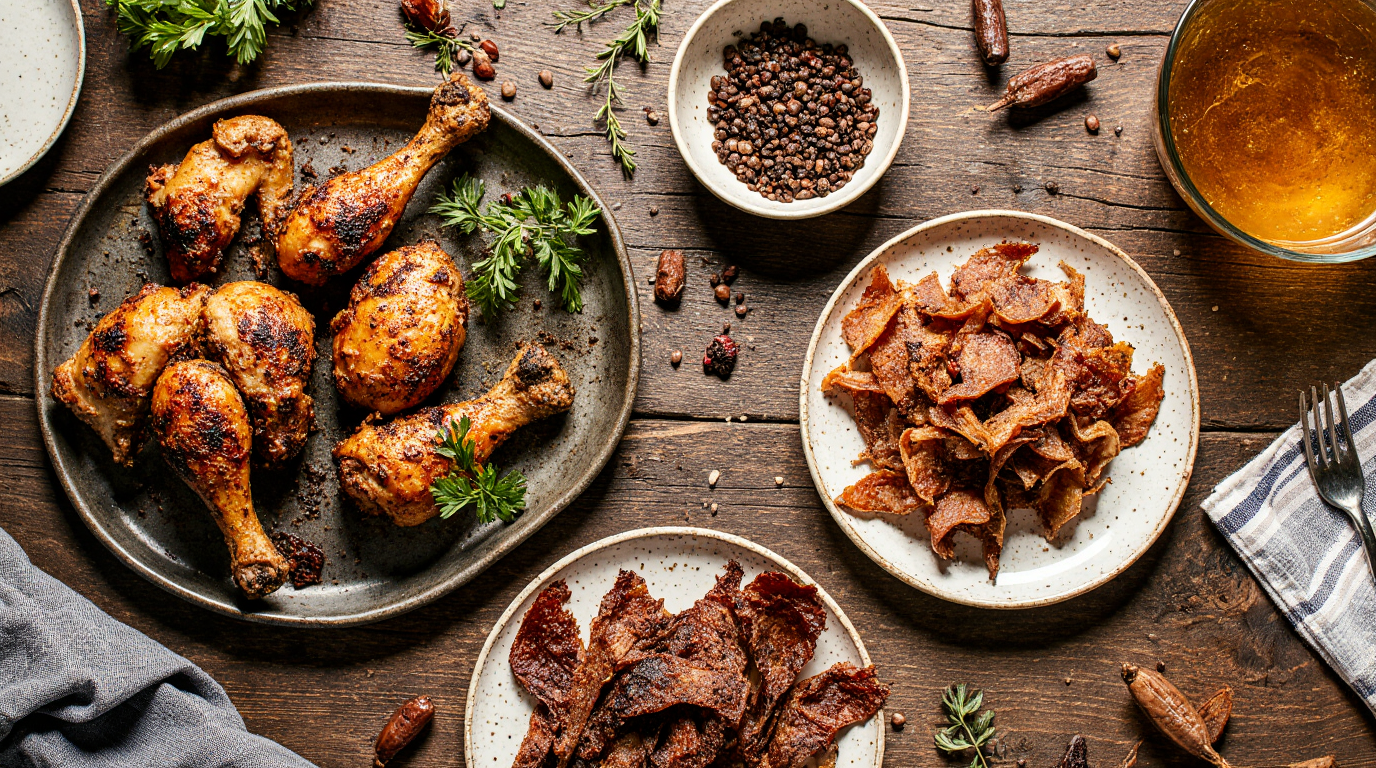A flat-lay showing three spicy chicken dishes: charred Jamaican jerk chicken, a bowl of homemade spicy chicken jerky, and plain chicken jerky for dogs on a separate plate.