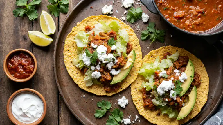 Vibrant, authentic tostadas de tinga with smoky chipotle chicken, lettuce, avocado, and crema on crispy corn tostadas, served with lime and salsa.