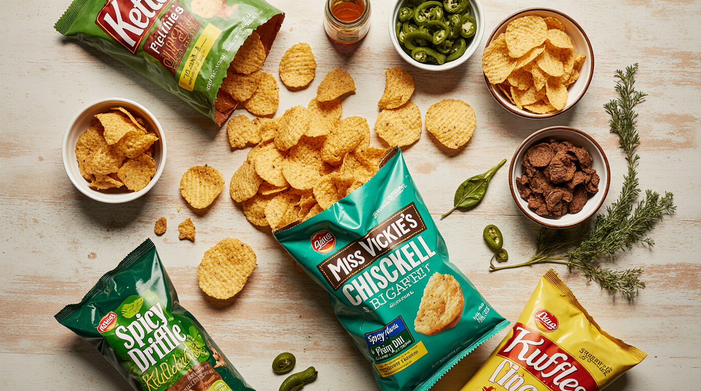 A flat-lay of the top spicy dill pickle chips brands including Miss Vickie's, Kettle Brand, Lays, and Siete, with fresh dill and peppers.
