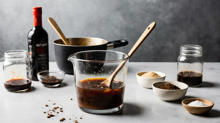 A glass bowl of glossy 3 ingredient stir fry sauce made from soy sauce, brown sugar, and cornstarch, with raw ingredients shown around it.