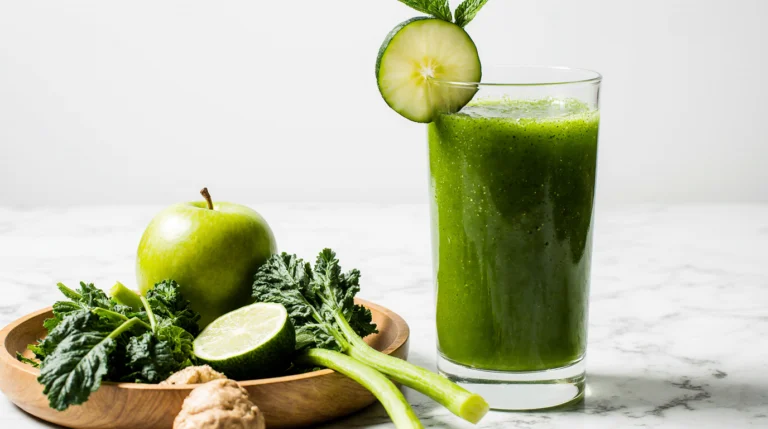 A vibrant glass of fresh green juice recipe with kale, cucumber, celery, apple, and lemon, surrounded by fresh produce on a bright background.