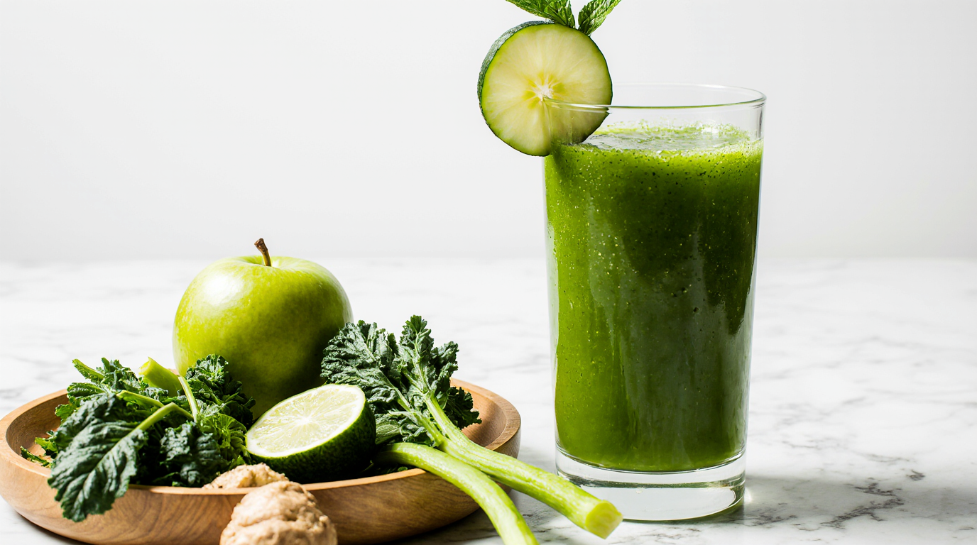 A vibrant glass of fresh green juice recipe with kale, cucumber, celery, apple, and lemon, surrounded by fresh produce on a bright background.